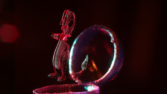 Leuchtendes 3D-Bild eines kleinen Sauriers, der aus einem Ei steigt