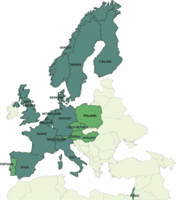 Europakarte mit den Mitgliedsländern der ESRF. Liste im zugehörigen Artikel.
