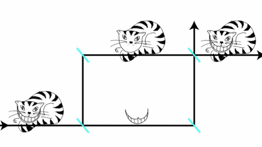 Diagramm, das das Prinzip der Quantengrinsekatze anhand einer gezeichneten Katze veranschaulicht. An einer Abzweigung wird die Katze von ihrem Grinsen getrennt: Auf dem unteren Strahl ist nur das Grinsen zu sehen, auf dem oberen die Katze ohne Grinsen. 