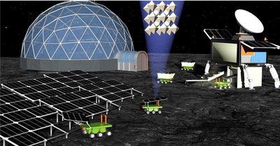 Illustration der Herstellung von Solarzellen auf dem Mond: Fahrende Roboter bringen Rohstoffe zu einer Maschine, die mit Solarzellen betrieben wird. Sie transportieren gefertigte Solarmodule aus der Maschine heraus und stellen sie zur Energiegewinnung auf. Im Hintergrund sieht man eine kuppelförmige Mondstation.
