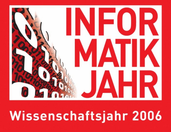Logo Informatikjahr mit binärem Zahlencode im Hintrgrund