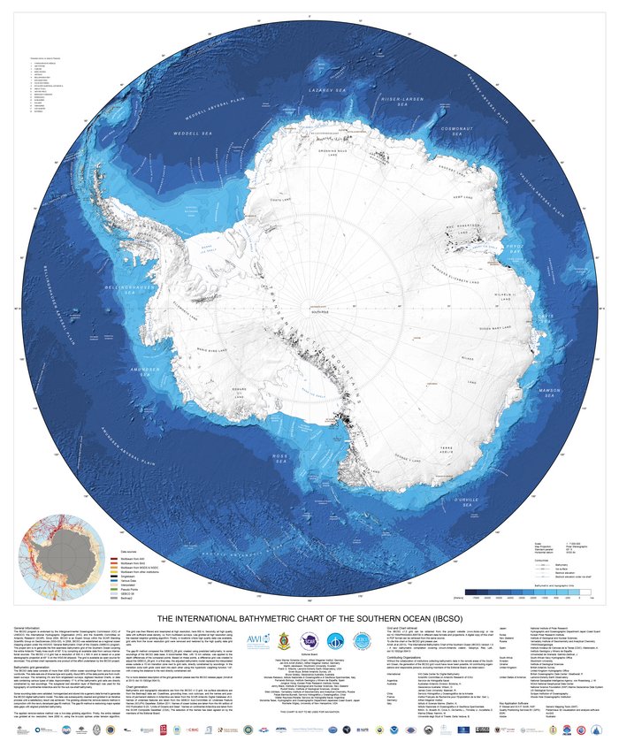 Karte der Antarktis. Die Tiefe des Meeresbodens ist farbig dargestellt. Je dunkler das blau, desto tiefer der Meeresgrund.
