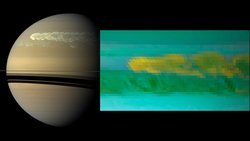 Fast vollständig beleuchtete Planetenscheibe, über die sich ein dünner Strich – der Saturnring - zieht, darunter Schattenwurf auf dem Planeten. In der oberen Hälfte ist ein großes verwirbeltes, helles Gebiet zu erkennen. Rechts: Verwaschenes Bild mit verwirbelten Strukturen.