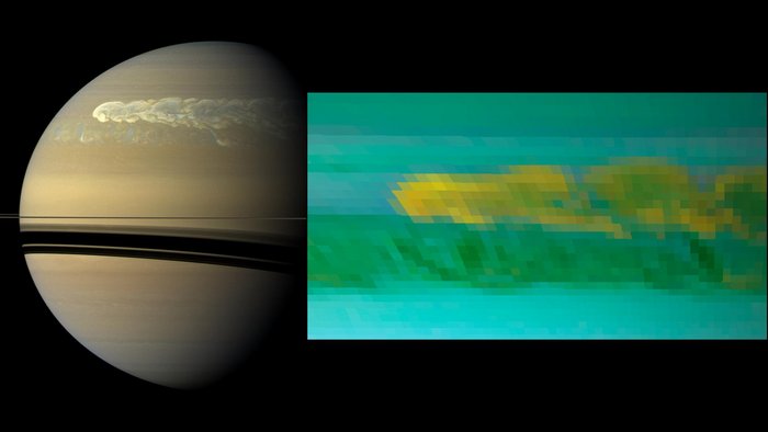 Sturm auf Saturn Fast vollständig beleuchtete Planetenscheibe, über die sich ein dünner Strich – der Saturnring - zieht, darunter Schattenwurf auf dem Planeten. In der oberen Hälfte ist ein großes verwirbeltes, helles Gebiet zu erkennen. Rechts: Verwaschenes Bild mit verwirbelten Strukturen.