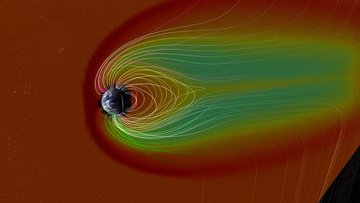 Künstlerische Darstellung der Erde, von der zahlreiche Linien ellipsenartig abgehen.