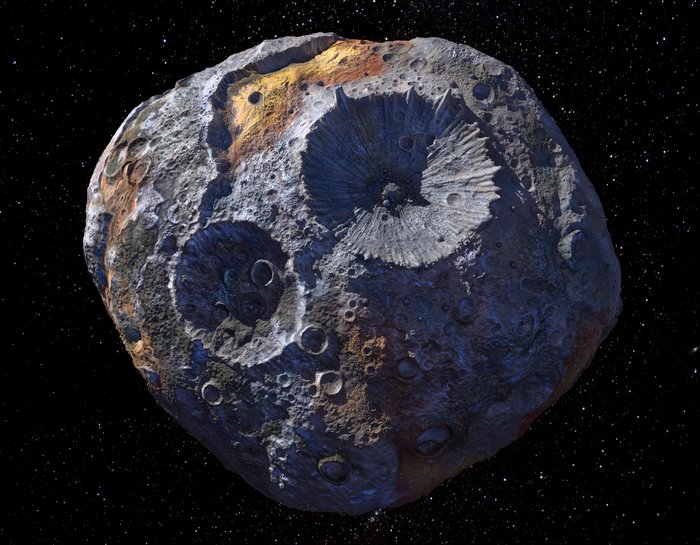 Künstlerische Darstellung eines Asteroiden im All; seine Oberfläche ist metallfarben und von Katern übersät