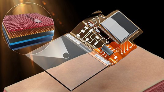 Illustration von Aufbau und Funktionsweise des neuen Sensors | Bildquelle: Jnnovation Studio Licht scheint auf eine transparente Fläche, die aus mehreren Schichten zusammengesetzt und an eine Platine angeschlossen ist