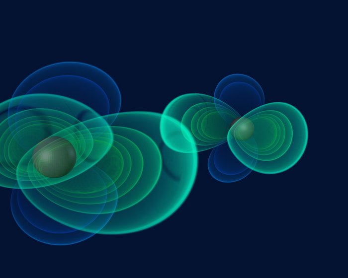 Simulation von Gravitationswellen Zwei Kugeln die von trichterförmig wegführenden Wellenstrukturen umgeben sind.