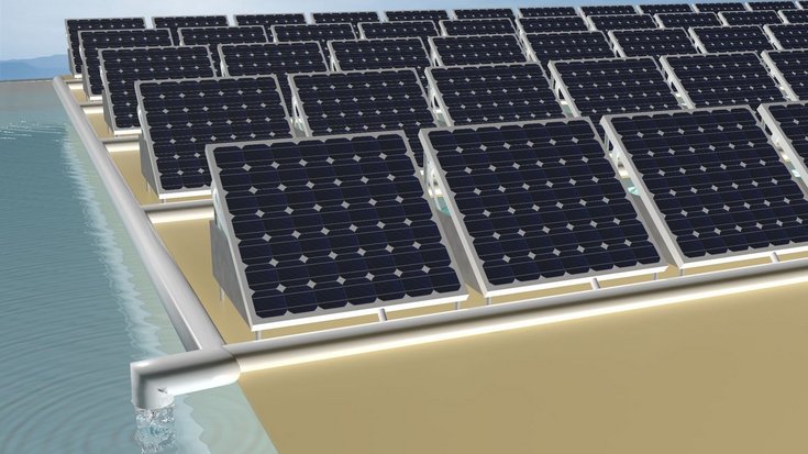 Illustration eines Solarkraftwerks, das auch Meerwasser entsalzt | Bildquelle: Wenbin Wang Illustration mehrerer Solarmodule
