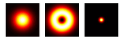 Dreiteiliges Bild: Links ein heller Lichtkreis, in der Mitte ein heller, größerer Lichtkreis mit einem dunklen Kreis im Zentrum, rechts ein kleiner Lichtpunkt.