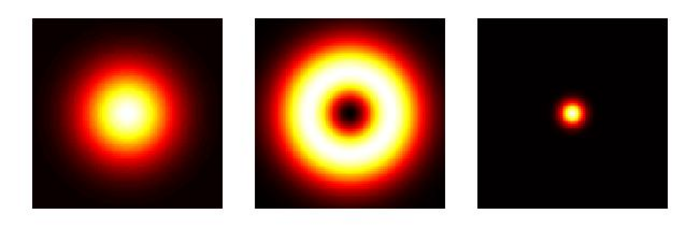 Dreiteiliges Bild: Links ein heller Lichtkreis, in der Mitte ein heller, größerer Lichtkreis mit einem dunklen Kreis im Zentrum, rechts ein kleiner Lichtpunkt.