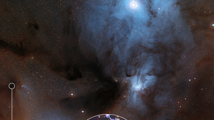 Methylisocyanat, Bildquelle: ESO/Digitized Sky Survey 2/L. Calçada; Lizenz: gemäß den Bedingungen der Quelle Bild des Weltalls, in einem Kreis wird ein Ausschnitt lupenartig vergrößert, auf dem die chemische Verbindung von Methylisocyanat dargestellt ist