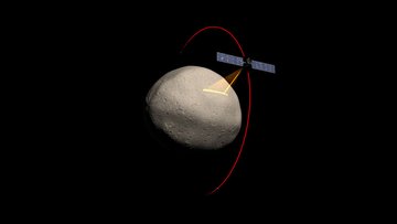 Raumsonde umkreist Asteroiden vor schwarzem Hintergrund