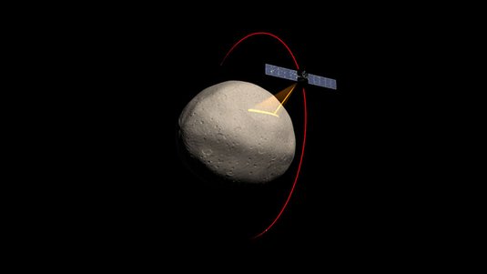 Raumsonde umkreist Asteroiden vor schwarzem Hintergrund