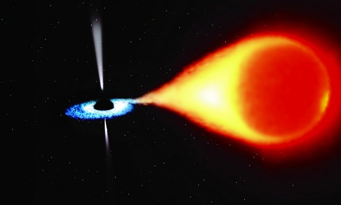 Von einem verformten roten Stern strömt Materie zum kompakten Objekt. Sie heizt in einer Akkretionsschreibe auf.
