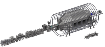 Grafik der gesamten Anlage: Ein von einer Spirale umhüllter Zylinder. An dessen Seite läuft ein Rohr hinein, an dem sehr viele Apparate angebracht sind. 