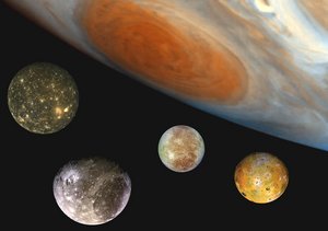 Das Bild zeigt im oberen Bereich einen Teil des Planeten Jupiter. Darunter sind vier Monde zu sehen, die alle eine unterschiedliche Oberflächenstruktur haben.