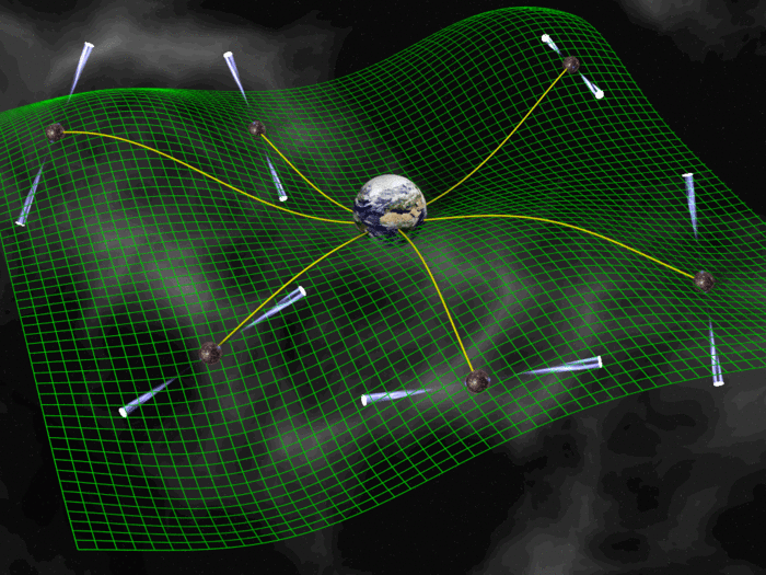 Ein Raster deutet die Deformation des Raumes durch Gravitationswellen an. In der Mitte die Erde, darum herum mehrere symbolisch dargestellte Pulsare.