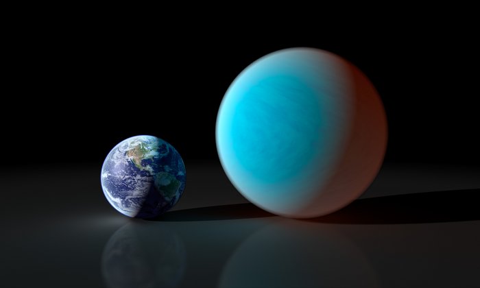 Links: Erde, rechts Planet mit etwa dem doppelten Durchmesser