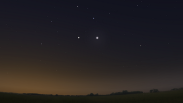 Venus (links) und Mond (rechts) als zwei helle Objekte am Morgenhimmel – simulierter Blick von Hamburg aus nach Osten am 12. Oktober 2012. 