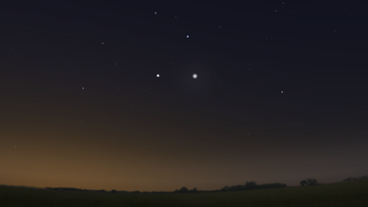 Venus (links) und Mond (rechts) als zwei helle Objekte am Morgenhimmel – simulierter Blick von Hamburg aus nach Osten am 12. Oktober 2012. 