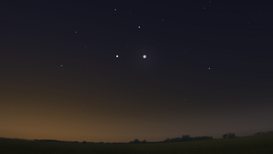 Venus (links) und Mond (rechts) als zwei helle Objekte am Morgenhimmel – simulierter Blick von Hamburg aus nach Osten am 12. Oktober 2012. 