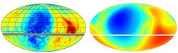 Zwei Ellipsoide, die farblich kodiert die Intensität der kosmischen Strahlung im Modell (rechts) und auf Bais der Beobachtungen (links) darstellen. Die Abbildungen ähneln sich bis auf eine geringere Auflösung im linken Bild.