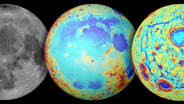 Links Bild des Vollmonds, mitte farblich kodierte Höhenkarte des Mondes, rechts frablich kodierte Schwerkraft-Anomalien, hier sind Abweichungen an Kraterrändern zu erkennen, sowie vier ausgeprägte Linien, die den Oceanus Procellarum begrenzen.