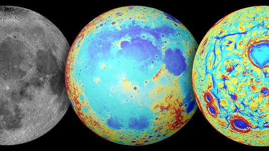 Links Bild des Vollmonds, mitte farblich kodierte Höhenkarte des Mondes, rechts frablich kodierte Schwerkraft-Anomalien, hier sind Abweichungen an Kraterrändern zu erkennen, sowie vier ausgeprägte Linien, die den Oceanus Procellarum begrenzen.
