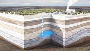 Querschnitt durch eine Sedimentschicht. An einer Schichtgrenze eine symbolische Darstellung des Bereichs, in dem CO2 eingelagert wird.