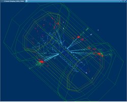 Auf der Darstellung sind die Umrisse eines Teilchendetektors angedeutet. Im Inneren sind die Spuren von Teilchen zu sehen, die bei einer Kollision entstanden sind und den Detektor strahlenförmig durchqueren.