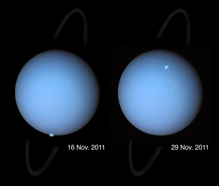 Zwei Aufnahmen von Uranus, eine vom 16. und eine vom 29. November 2011. Der Planet hat eine hellblaue Farbe, auf jedem Bild ist an einer Stelle ein leuchtender Punkt über der Planetenoberfläche zu sehen.