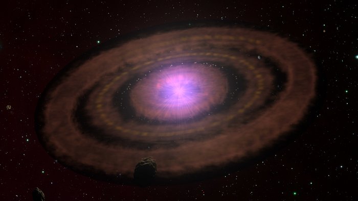 Künstlerische Darstellung einer planetenbildenden Scheibe Violetter Stern im All, um den sich ein braunes scheibenartiges Gebilde ausbreitet