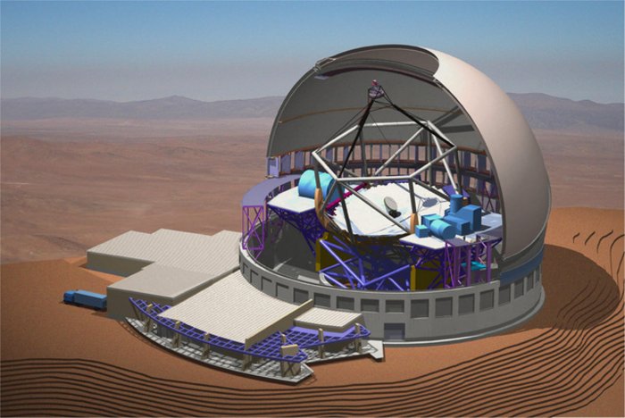 Konkurenz-Projekt TMT Schematische Skizze eines Teleskops in einer Kuppel mit all seinen Bauteilen und Aparaturen.