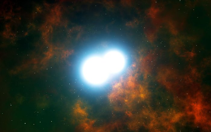 Doppelter Weißer Zwerg in Henize 2-428 Zwei eng benachbarte helle Objekte in einer Gaswolke.