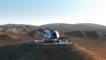 Die künstlerische, visuelle Umsetzung zeigt das geplante Teleskop E-ELT, das derzeit in der chilenischen Atacamawüste von der Europäischen Südsternwarte ESO gebaut wird. 