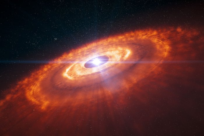 Protoplanetare Scheibe Die computergenerierte, künstlerische Darstellung zeigt einen hellen Stern in der Mitte des Bildes der von einer rötlichen Scheibe aus Staub und Steinen umgeben ist.