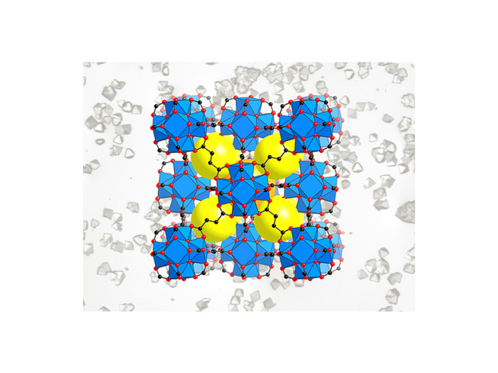 Modell eines metallorganischen Gerüsts Gitterstruktur des Materials mit regelmäßig angeordneten gelben Kugeln, die blaue Wasserelemente mit roten Ketten an sich binden