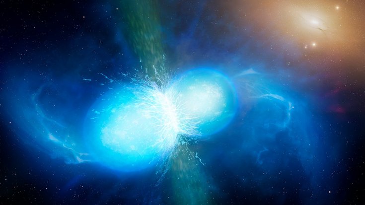 Künstlerische Darstellung von verschmelzenden Neutronensternen | Bildquelle: University of Warwick/Mark Garlick Künstlerische Darstellung zweier Sterne im Weltall, die an einem Punkt verschmelzen
