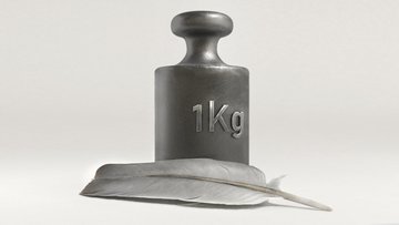 Das Bild zeigt eine Taubenfeder, die vor einem Gewichtsstück mit der Aufschrift 1 kg liegt.