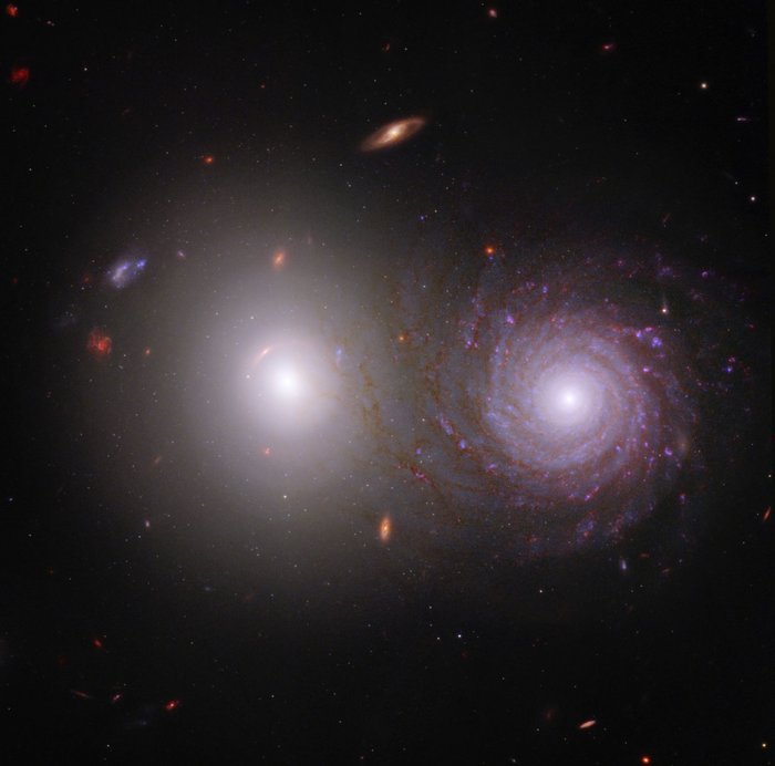 Galaxienarten Links ein heller Punkt umgeben von sich gleichmäßig darum herum ausbreitendem Licht, rechts ein heller Lichtstrudel im All.