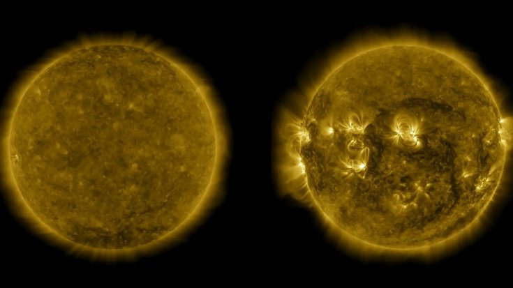 Zwei Aufnahmen der Sonne nebeneinander; links ohne aufleuchtende Blitze, rechts mit Leuchterscheinungen
