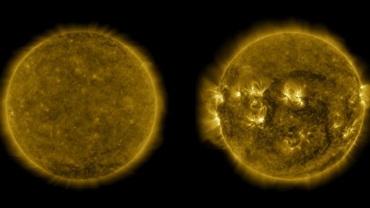 Zwei Aufnahmen der Sonne nebeneinander; links ohne aufleuchtende Blitze, rechts mit Leuchterscheinungen