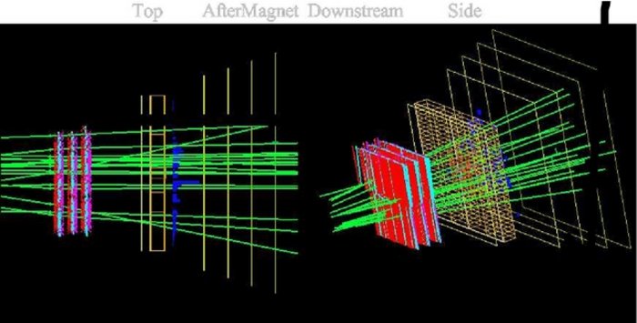 Erste Spuren eines Protonenstrahls in LHCb Computergrafik von zahlreichen Teilchenspuren, die durch die hintereinander angeordneten, rechteckigen Detektorlagen des LHCb-Experiments hindurchfliegen.