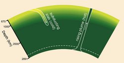Es ist eine Illustration des unteren Erdmantels einer Tiefe zwischen 2891 und 670 Kilometern zu sehen. Im oberen Viertel befindet sich ein Farbübergang von einem hellen Grün zu einem dunklen Grün.