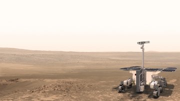 Künstlerische Darstellung des ExoMars Rovers auf der Marsoberfläche.