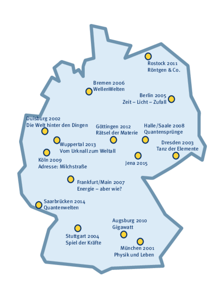 Grobe Deutschlandkarte. Die Positionen der bisherigen Veranstaltungsorte sind eingezeichnet: