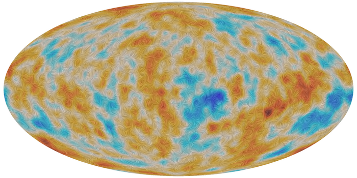 Polarisation der kosmischen Hintergrundstrahlung Projektion des gesamten Himmels mit großflächigen Farb- und Linienstrukturen.