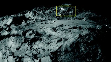 Ausschnitt der Oberfläche des Kometen Tschurjumow-Gerassimenko. Oberhalb einer flachen Ebene sind helle Flecken zu erkennen.