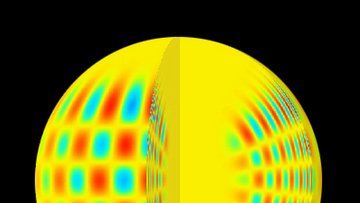 Kugelförmiger Stern mit Schwingungen an der Oberfläche, ein Viertel der Kugel ist aufgeschnitten und erlaubt einen Blick auf die Schwingungen im Inneren.
